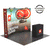 View of the RUSH 10ft Perfect-Pop Curved backdrop with podium shown with rotating grey and black trade show flooring