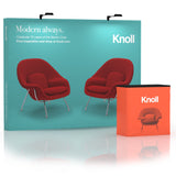 10ft Perfect-Pop Straight display shown with overhead LED lights and custom podium in a front-facing booth setup